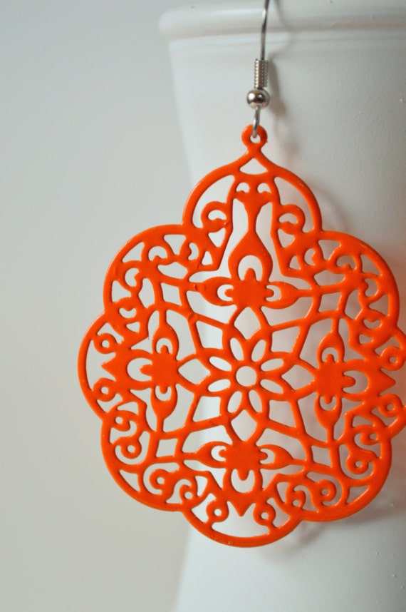 Large Bright Orange Metal Filigree Victorian Boho Earrings Dangle Lace Bohemian Hippie Chic