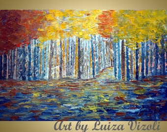 AUTUMN Original Modern Impressionist Fall Trees Landscape Palette Impasto Oil Painting by Luiza Vizoli