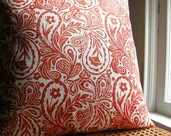 Tangerine red orange paisley on white hand block printed linen decorative colorful home decor pillow case by giardino