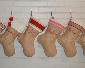 Embroidered Burlap Christmas Stockings, SET OF 4 STOCKINGS, Personalized Burlap Stockings, Shabby Chic Stockings, Choose from 6 Styles