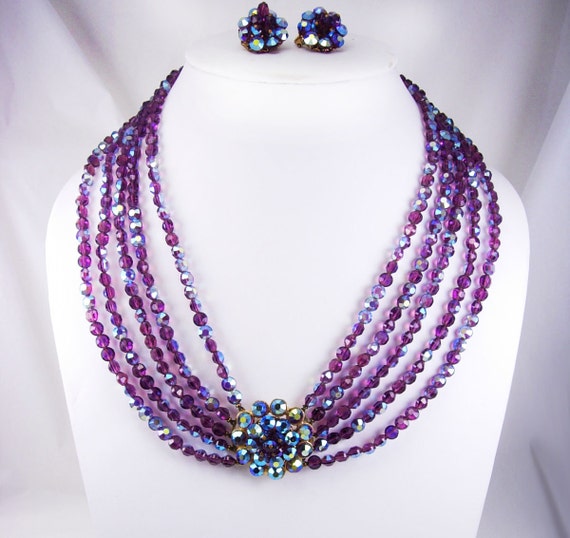 Vintage Statement necklace purple AB CZECH by vintagesparkles
