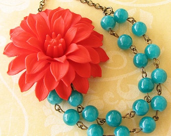 Flower Necklace Teal Jewelry Statement Necklace Teal Necklace Red Bridesmaid Jewelry Double Strand Bib Necklace