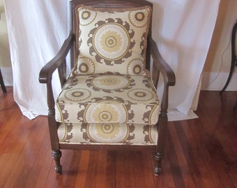 Antique Cane Back Bergere Arm Chair with Newly Upholstered Seat and Cushion