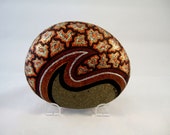 3 D Art Object, Hand Painted Rock, Signed Numbered, Unique Gift for Home or Office Decor, Brocade Design, Copper Silver Gold on Brown