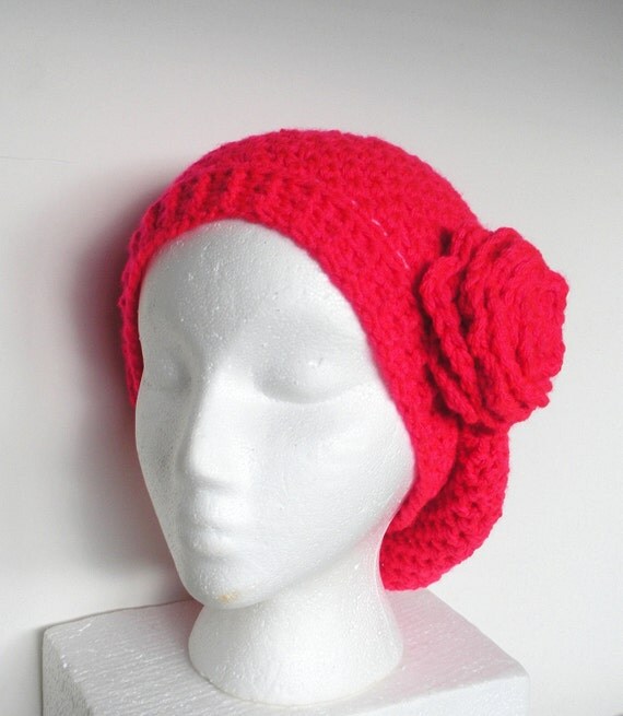 Hot Pink Slouchy Crochet Tam Hat with Large Rose  ready by luvbuzz