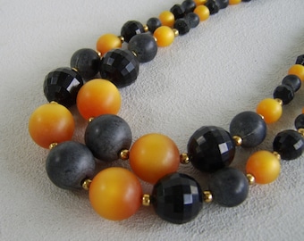 Vintage Celluloid Moonglow Necklace Grey Gold Black Double Strand