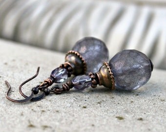 Matte Purple Czech Glass Drop Earrings, Bohemian, Antique Copper, Frosted Glass, Indigo Blue