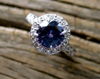 Mauve Purple Sapphire Engagement Ring in 14K White Gold with Scrolls and Diamonds Size 4