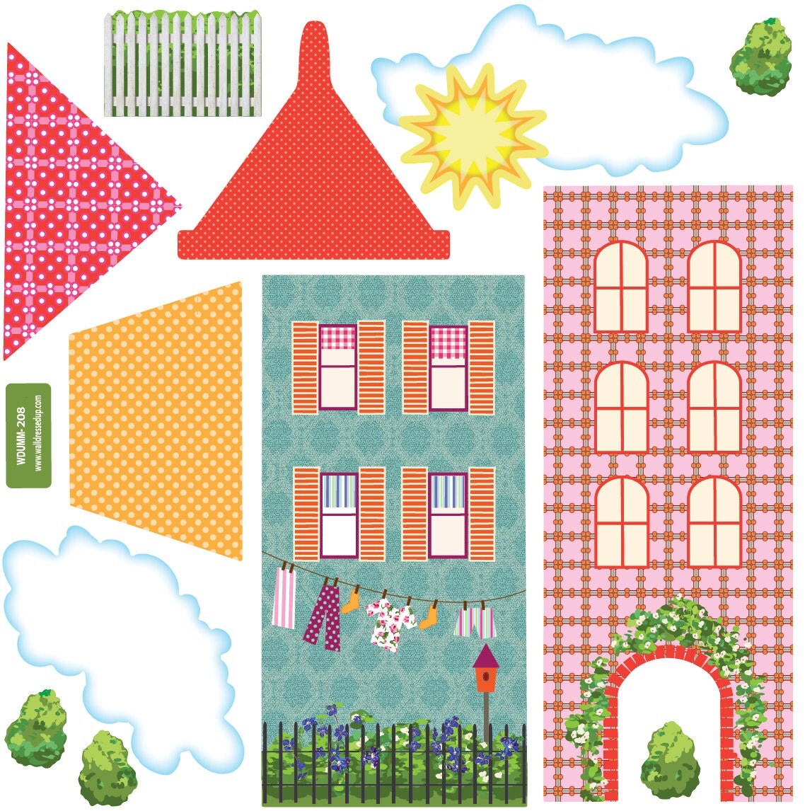 Girl's Dollhouse Town Wall Decals Removable and Reusable