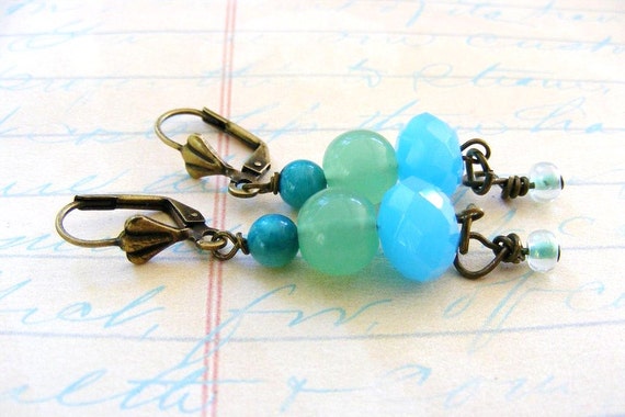 Jade Blue Teal Beaded Dangle Earrings Antique by meiguidesigns