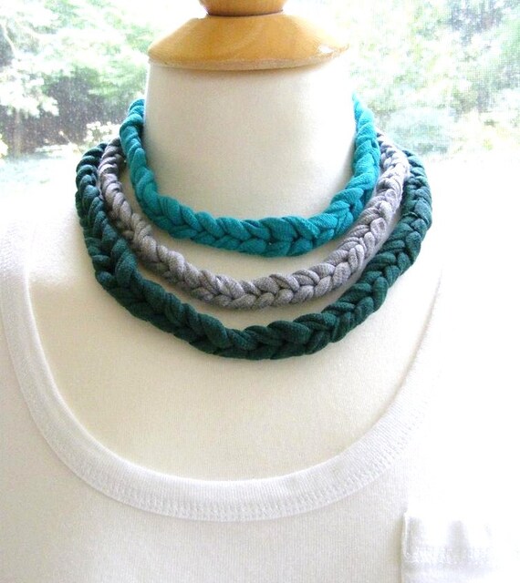 TShirt Yarn Crocheted Necklace Layered Teal Gray by meiguidesigns