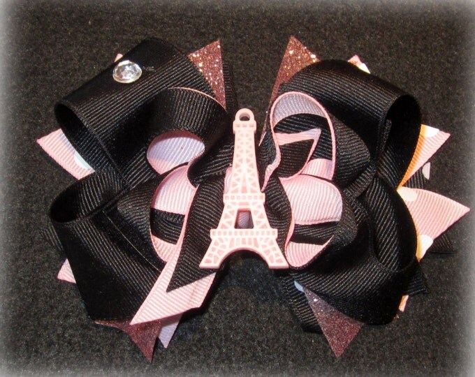 Paris Eiffel Tower Bow, Paris Hairbow, Layered Bow, Boutique Hair Bow, Pink and Black Bow, France Bow, European Hairbow, Poodle Hairbow,