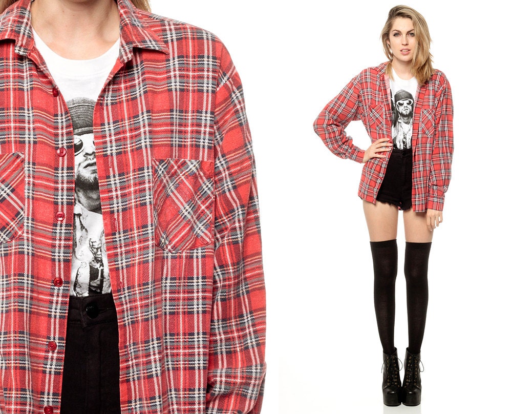 Red Plaid Shirt 90s Flannel Checkered GRUNGE 1990s Lumberjack