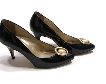Vintage Black Patent Leather Pumps Black Patent Leather Pointed Toe Pumps Black Patent Pointed Heels Classic Black Patent Leather Pumps