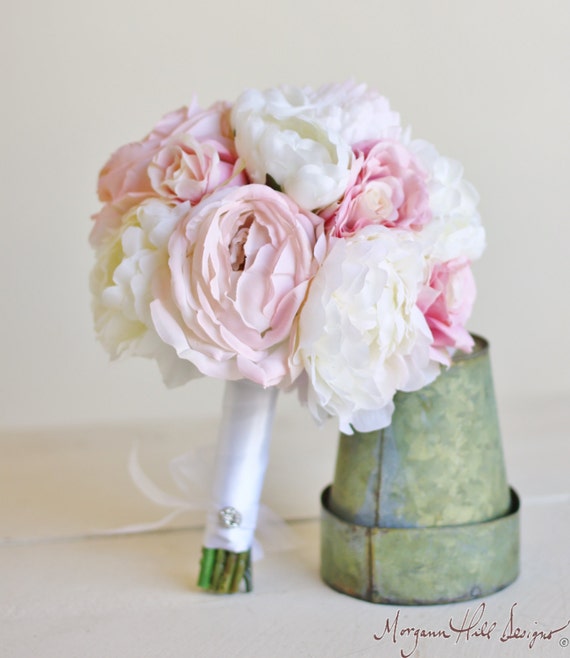 Silk Bride Bouquet Classic Peony White Cream Pink Roses (Item Number 140363) NEW ITEM by braggingbags