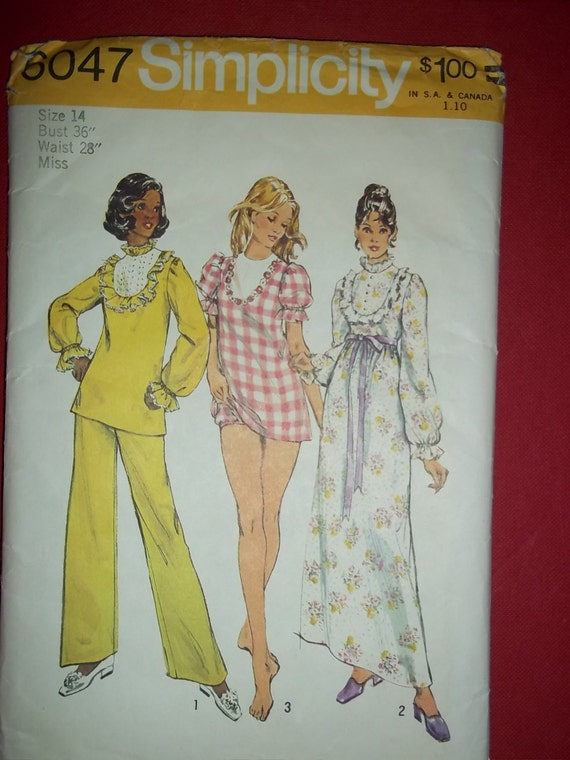 Simplicity 6047 misses size 14 bust 36&quot; waist 28&quot; Nightgown shortie PJ pajamas loungewear vintage Sewing Pattern