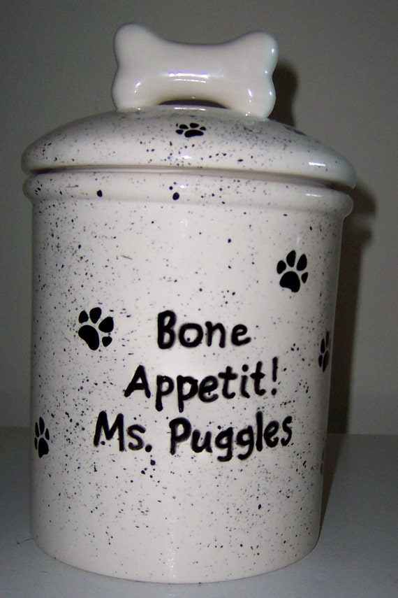 4035 Personalized Bone Appetit Dog Treat Jar by ClayCityPottery