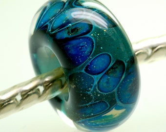 Euro style large hole boro lampwork bead in lapis sparkle glass handmade big hole bead by paulbead euro fit charm beads silver core bead