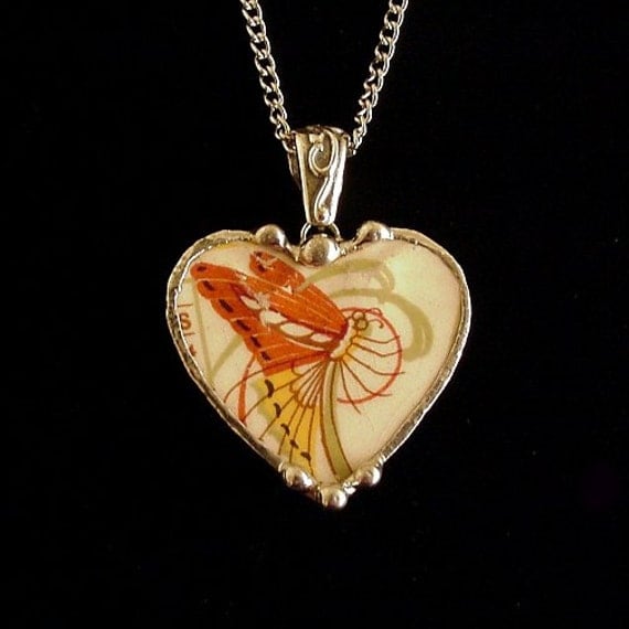 Broken china jewelry heart pendant necklace antique Art Nouveau butterfly luna moth