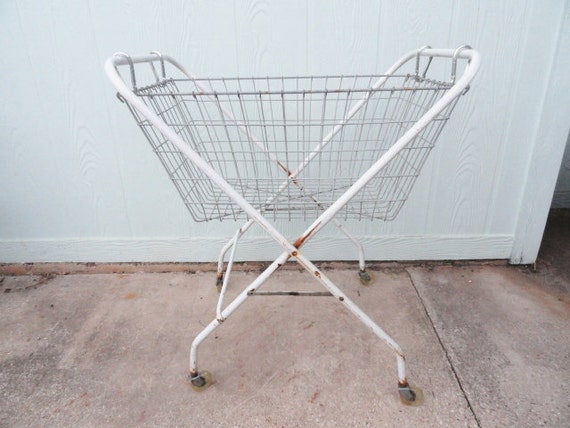 Vintage Laundry Basket Cart Rolling Metal Folding Detachable