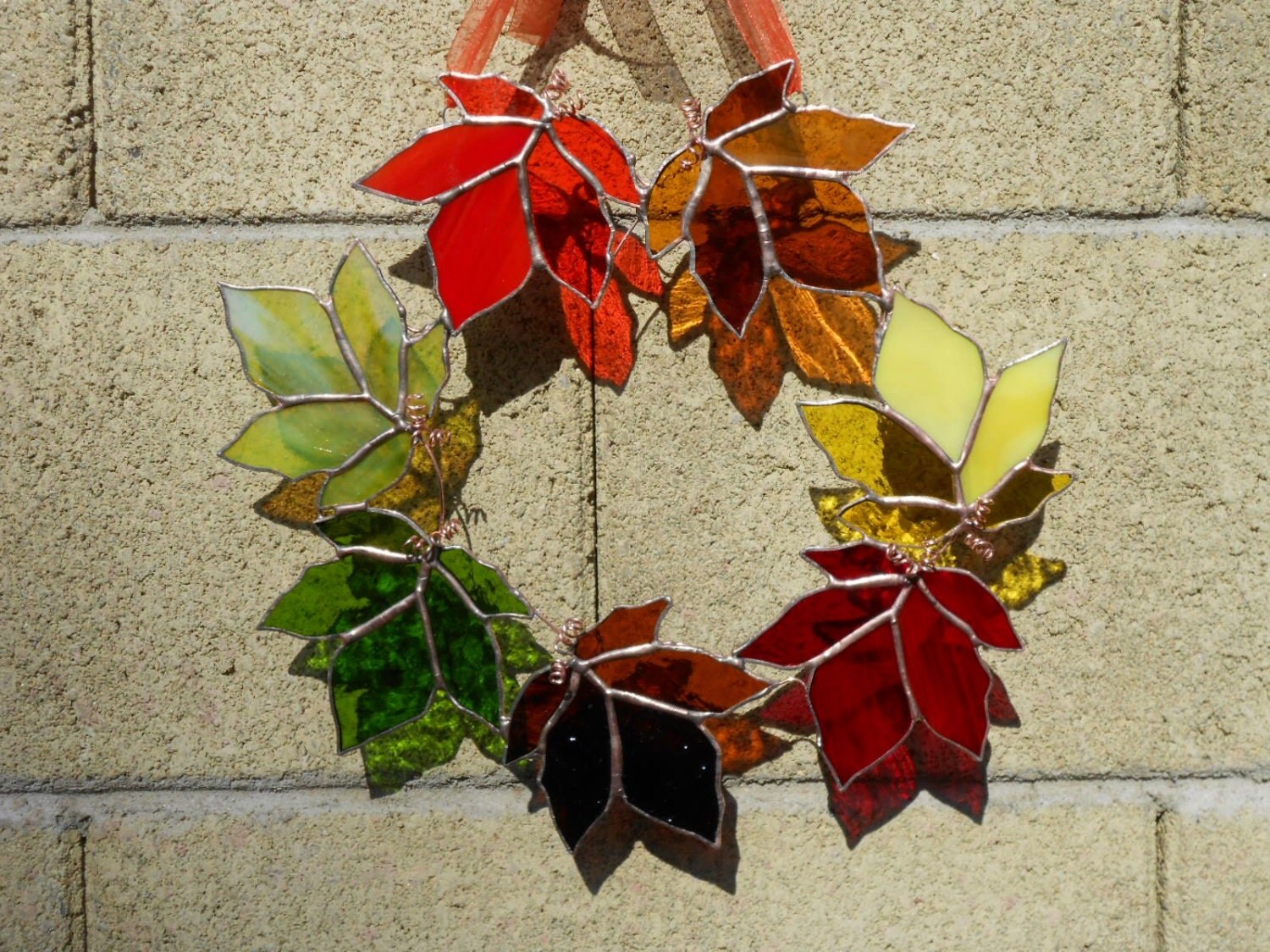 Stained Glass Wreath With Fall Leaves Red Orange Yellow