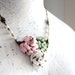 Sense and Sensibility/ Three small roses/Pink white mint green fabric flowers/ Antiqued brass chain/ River pearls