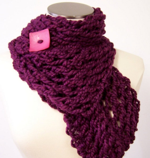 Chunky Knit Button Scarf in Purple Pink Knit Button Scarf