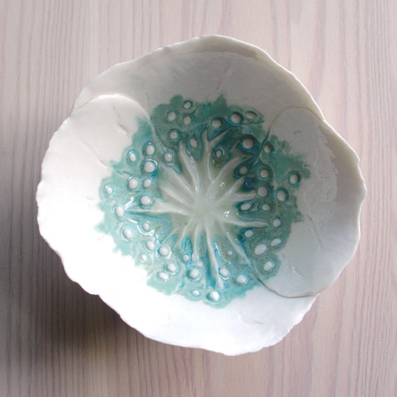 White porcelain poppy bowl aqua lime ceramic freeform petals jewellery dish gift for her under 25