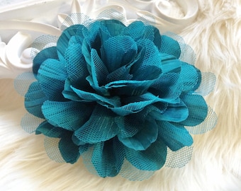 2pcs New Large Shabby Chic Frayed Wrinkled Cotton Voile and Tulle Rose Fabric Flower - Hunter Green / Dark Teal.