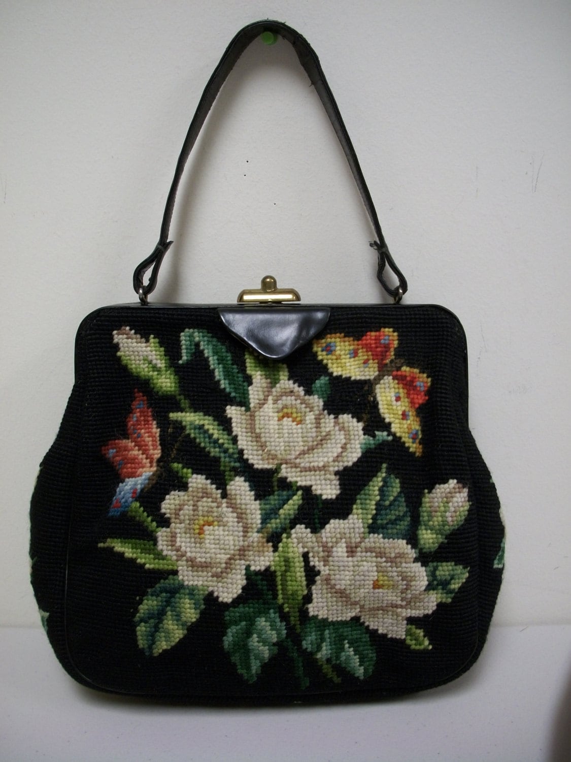 VTG 50s/60s French Bag Shop Black Floral Needlepoint Handbag