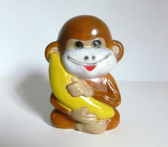 Vintage 1970's Plastic Monkey with Banana Piggy Bank