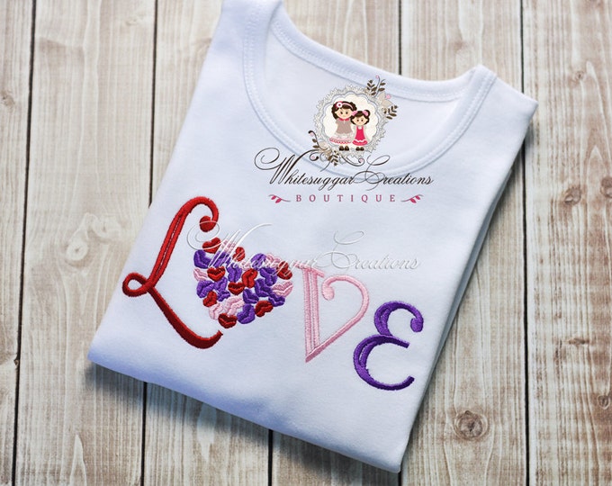 Valentines Day LOVE Hearts Embroidered Shirt for Girls - Girls valentine's shirt - Heart Shirt