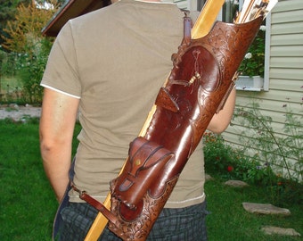 Hand Tooled Multifunctional Medieval Leather Quiver for Broadhead Arrows with Knife Pockets