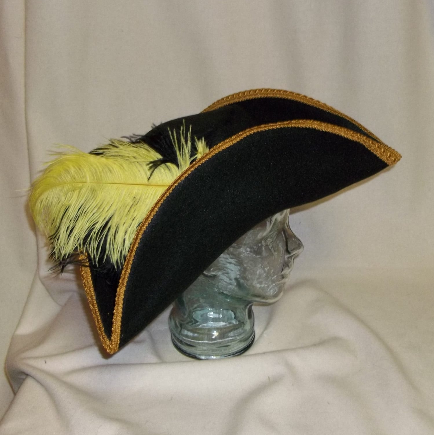 Black Pirate Hat Classic Tricorn with Gold Trim and Yellow