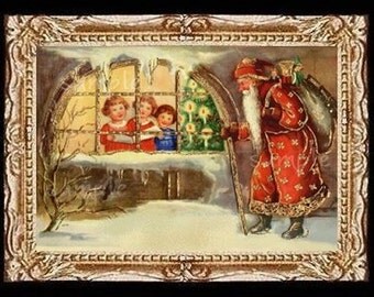Santa Looking In Miniature Dollhouse Christmas Art Picture 6579