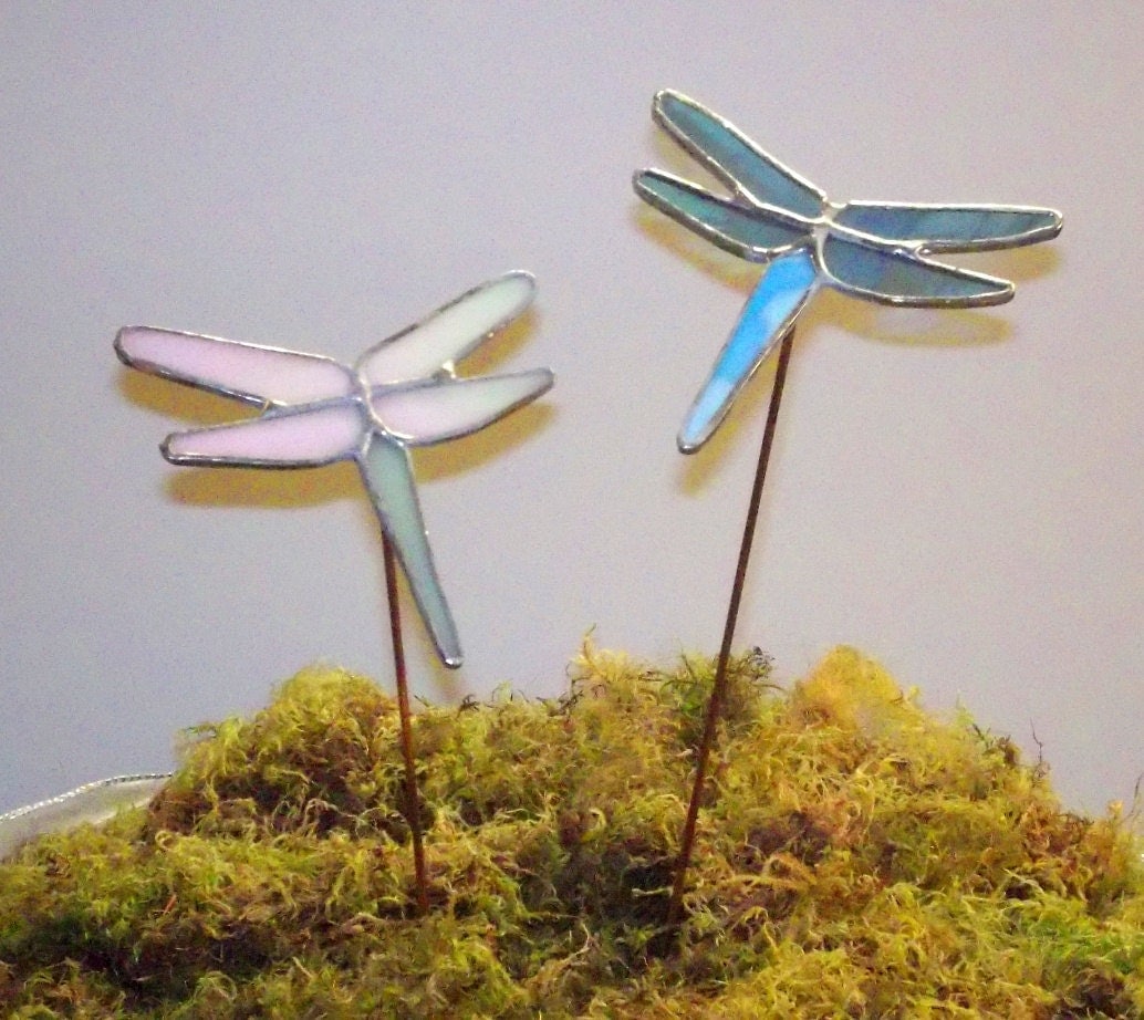 Dragonflies Stained Glass Garden Art Stakes by stainedglasswv