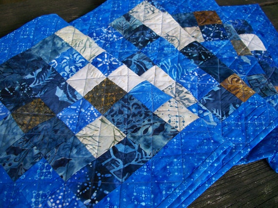 Batik Table Runner Snow Day WInter Blue Quilted
