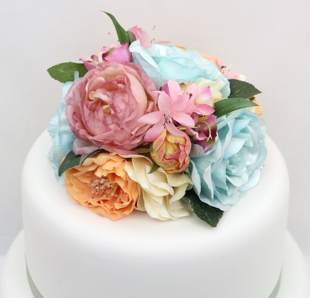 Wedding Cake Topper Aqua Orange Rose Silk Flower by ItTopsTheCake