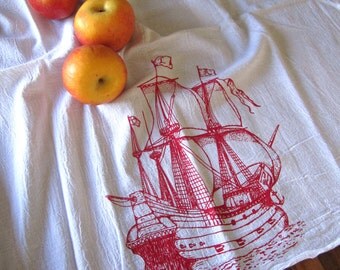 Tea Towel - Screen Printed Flour Sack Tea Towel - Soft and Absorbent Dish Towel - Eco Friendly Cotton - Nautical - Pirate Ship - Kitchen
