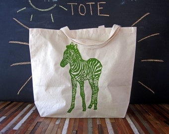 Canvas Tote Bag - Screen Printed Recycled Cotton Grocery Bag - Large Canvas Shopper Tote - Reusable and Washable - Eco Friendly - Zebra