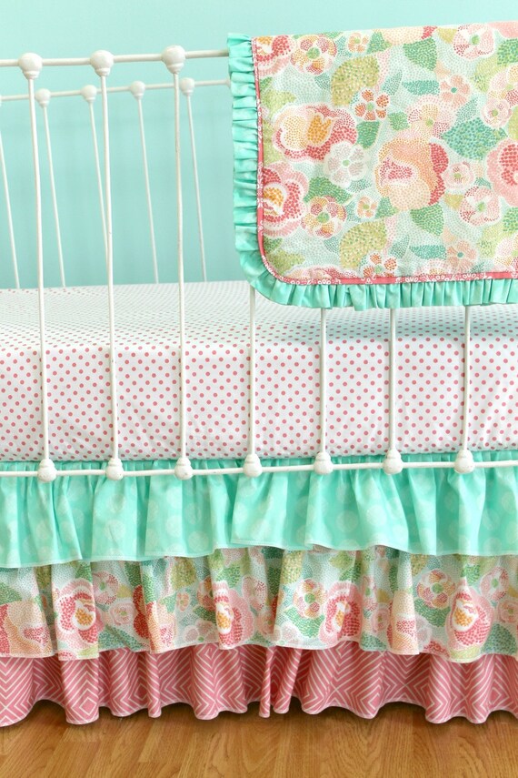 Bumperless Baby Girl Crib Bedding Set Mint Mosaic Rose