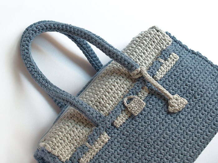 Blue and Grey crochet Birkin bag handmade bicolor purse with