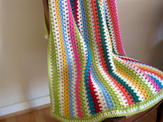 SALE THERAPY Granny Stripes Bright Crochet Blanket Afghan