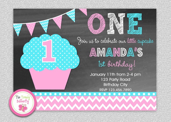 1st Birthday Cupcake Invitation , Chalboard 1st Birthday Cupcake Party Invitation Printable Il_570xn
