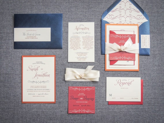 Vintage Wedding Invitations, Red and Blue Invitations