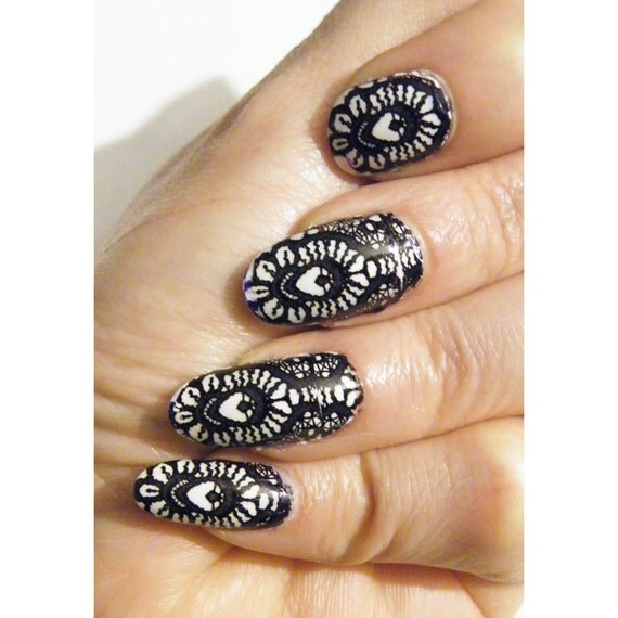 Black Lace Nail Art Nails Men or Women Manicure by tempusfugit