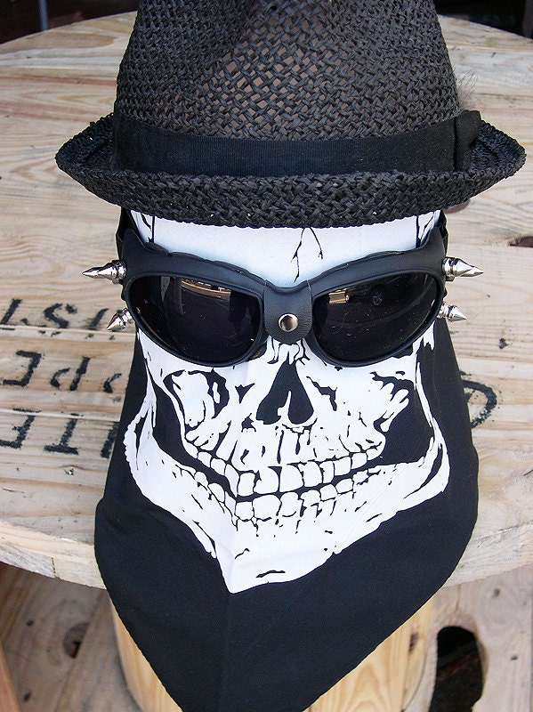 2 pc SKULL FACE SCARF Steampunk Riding Mask with Matching Goggles w/Spikes - A Burning Man Must Have