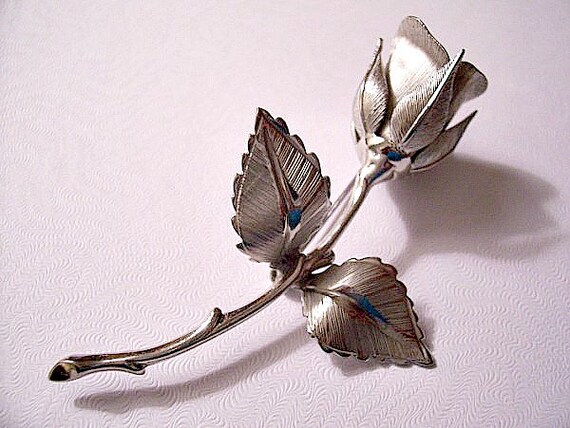 Long Stem Rose Flower Pin Brooch Silver by PrettyJewelryThings