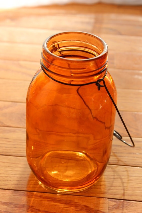 Set of 6 Six ORANGE MASON JARS Hanging Glass Jar Lanterns
