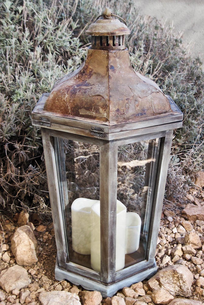 Rustic shabby chic lantern distressed candle lantern large